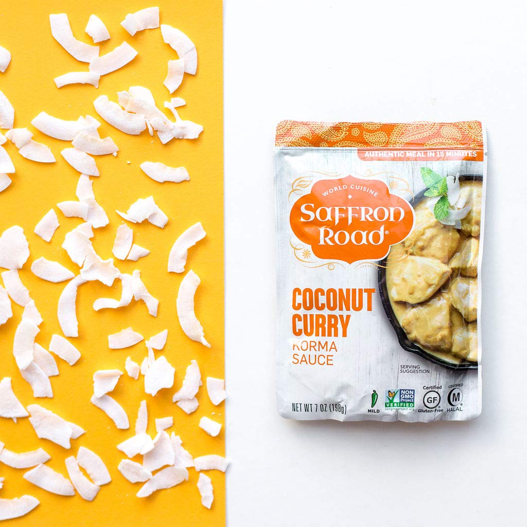 Saffron Road Coconut Curry Simmer Sauce | Globally Inspired Simmer Sauce | Gluten-free, Vegetarian, Non-GMO, and Certified Halal and Kosher | 7.0oz Pouch | Pack of 8