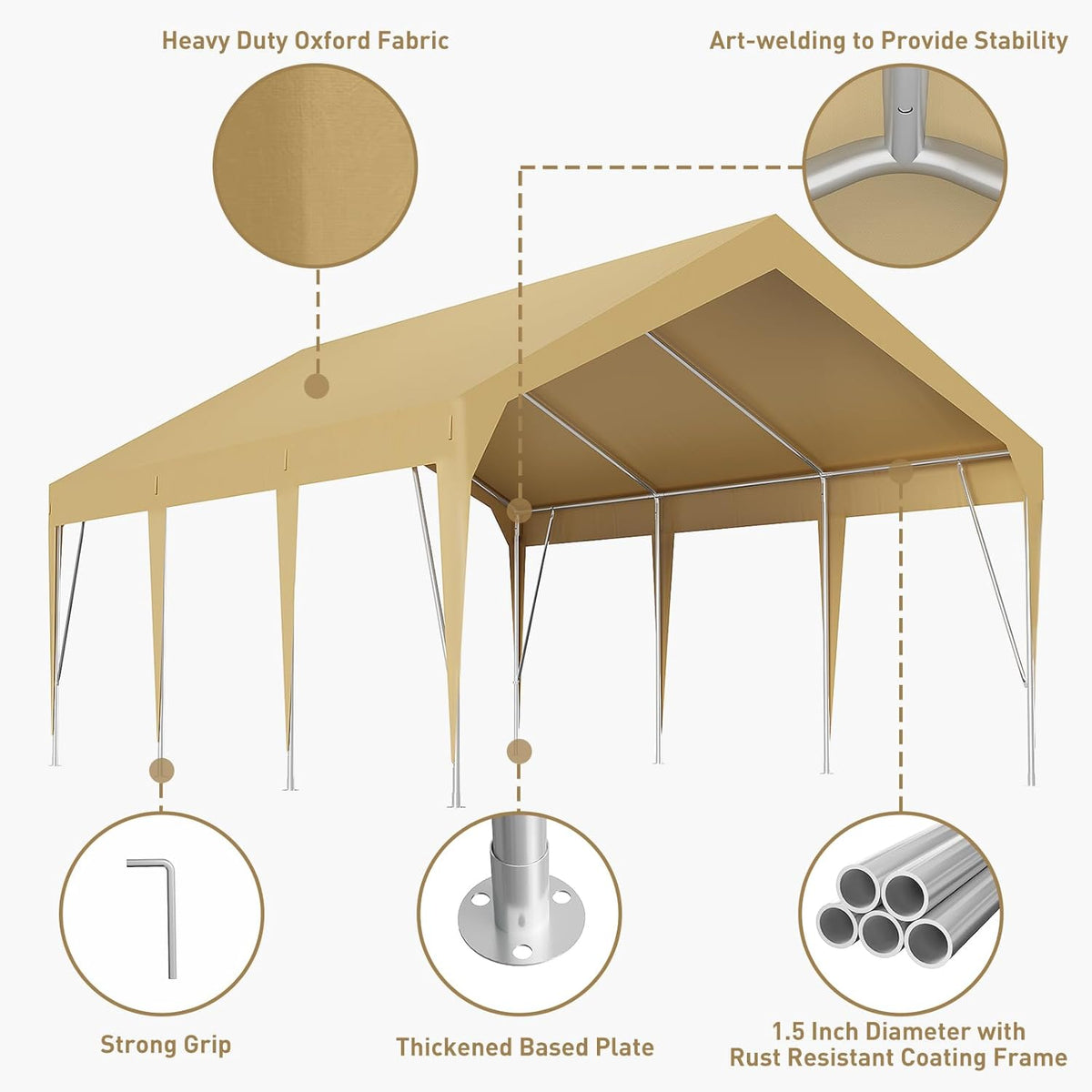 12x20ft Heavy Duty Carport Outdoor Car Canopy UV Resistant Waterproof Party Tent All-Season Portable Garage Gazebo Shelter for Car, Storage Shed (Earthy Yellow)