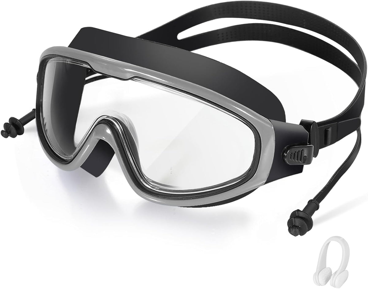 Adult Swimming Goggles,Leak-Proof,Anti-Fog Pool Glasses,Wide View Swim Goggles with Ear Plugs and Nose Clip