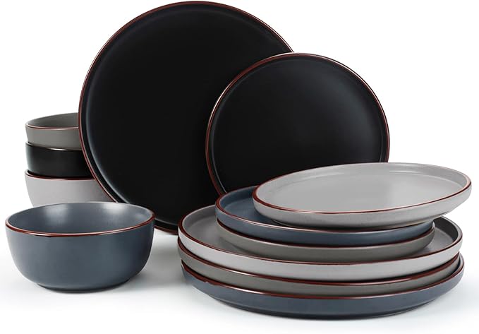 Famiware Mercury Plates and Bowls Sets, 12 Pieces Stoneware Dinnerware Sets, Dishes Set for 4, Microwave and Dishwasher Safe, Multi-color