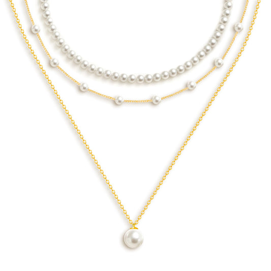 OGD Pearl Necklace for Women Trendy Layered 14K Gold Plated Dainty Pearls Pendant Choker Set Handmade Pearl Strand Gold Necklace Stack Simple Cute Jewelry Gifts for Women