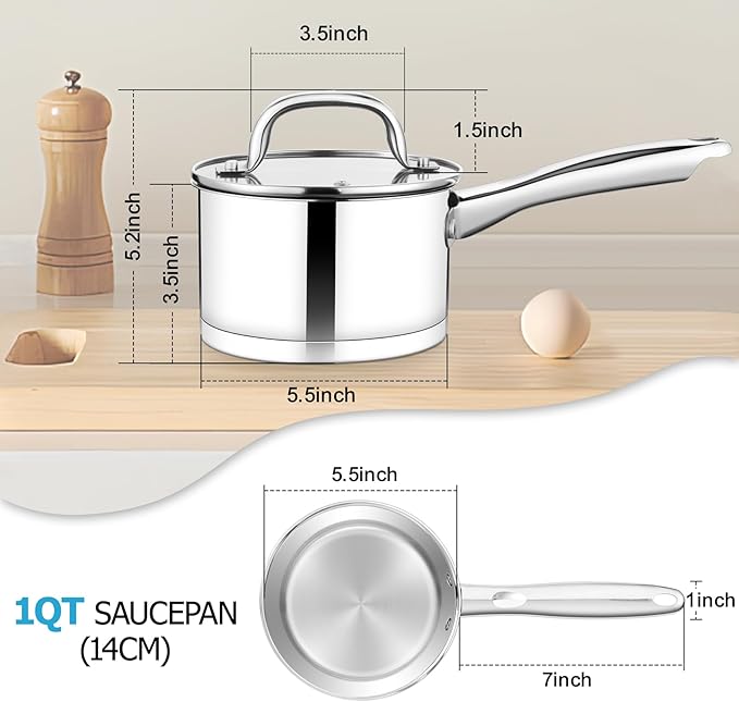TeamFar 1 qt Saucepan, Stainless Steel Small Sauce Pan & Lid with Tri-ply Bottom for Cooking/Boiling/Stewing, For Induction/Gas/Electric, Non-Toxic & Heavy Duty, Straight Side & Dishwasher Safe