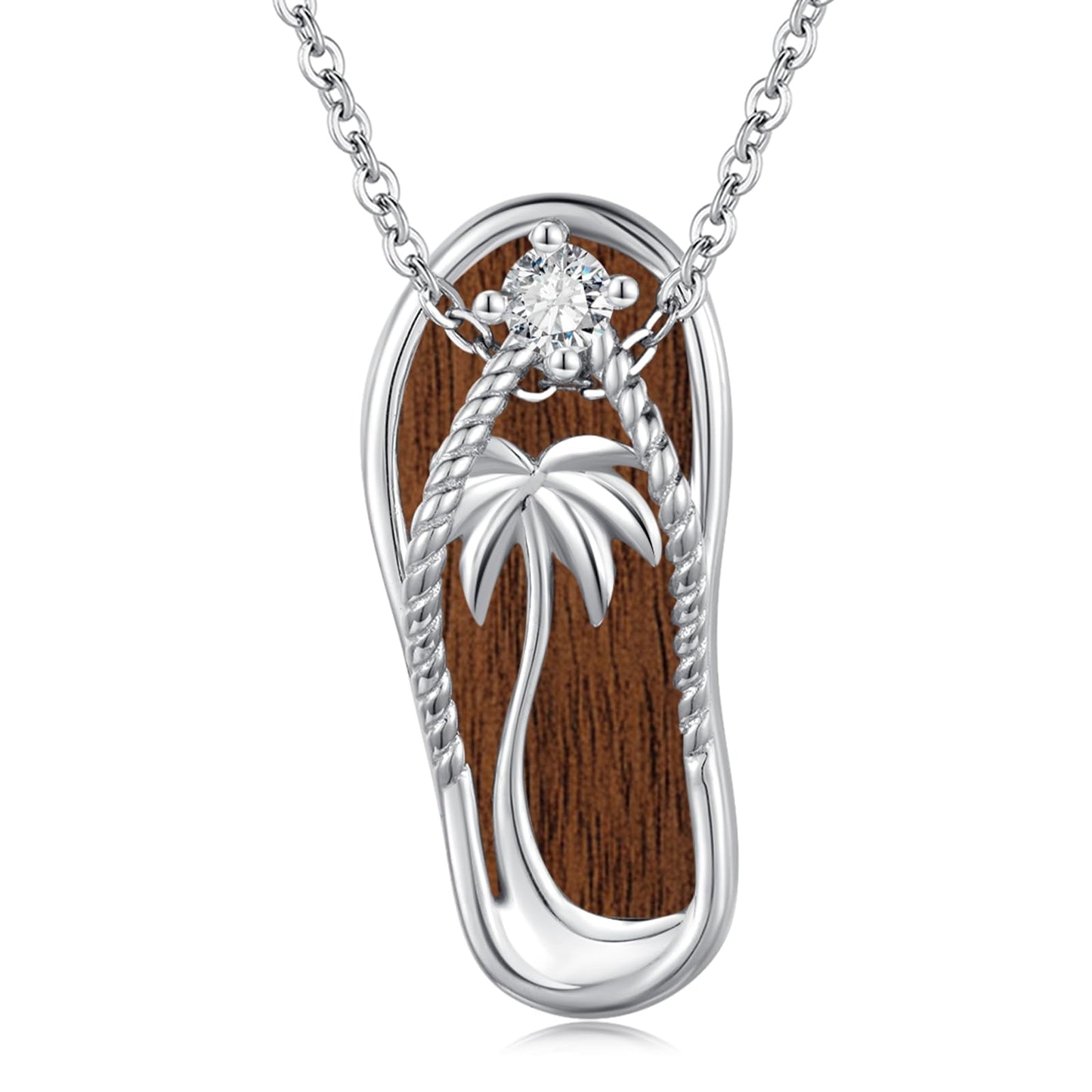 Midir&Etain Flip Flop Necklace 925 Sterling Silver Palm Tree Pendant Beach Wooden Necklace Flip-Flop Wood Jewelry for Women