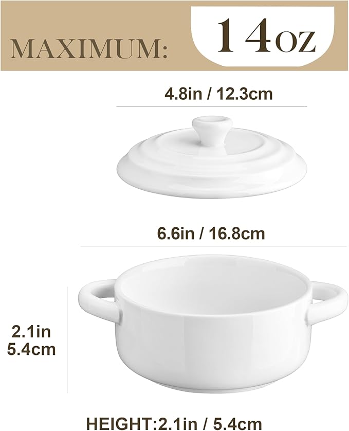 MALACASA Mini Cocotte Set - 14 OZ Small Casserole Dishes with Lids and Handles, Ceramic Mini Dutch Oven Set of 4, Small Baking Ramekins for Lasagna, Soufflé, Oven, Microwave & Dishwasher Safe, Series BAKE.BAKE