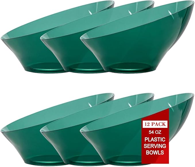 bUCLA 12 Pack Clear Green Plastic Serving Bowls - 54 OZ Christmas Angled Serving Bowls Disposable for Chip, Candy, Salad & Fruit - Ideal for X’mas Party