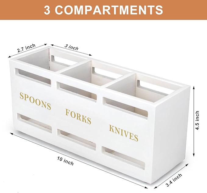 Ayiaren Wood Flatware Silverware Caddy White Cutlery Holder Kitchen Utensils Holder for Party Wooden Silverware Organizer for Countertop Knife Spoon and Fork Holder Table Utensil Caddy Organizer