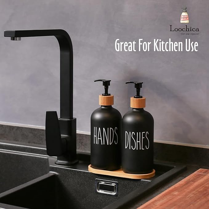 LOOCHICA 2 Pack Black Glass Soap Dispenser Set with Tray, Hand and Dish Glass Soap Dispensers for Kitchen Sink, Matte Black Soap Dispenser Suitable for Kitchen Sink, Rustic Kitchen Décor