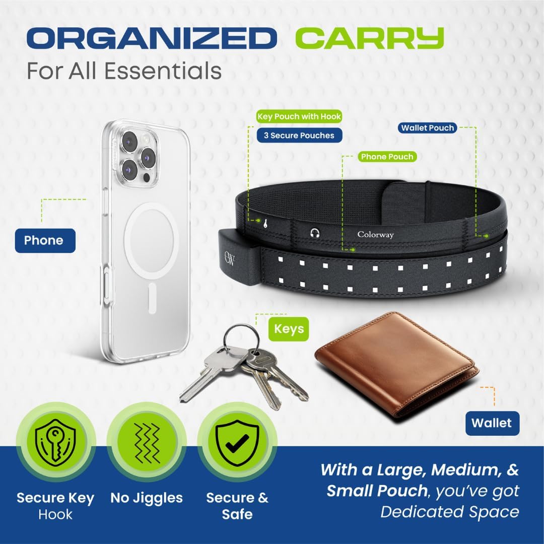 Colorway Led Running Belt – Day & Night Adjustable Waist Pack, Removable Light Strip, 3 Pouches for All Essentials, Reflective Running Gear for Men & Women (Rechargeable, Machine Washable)