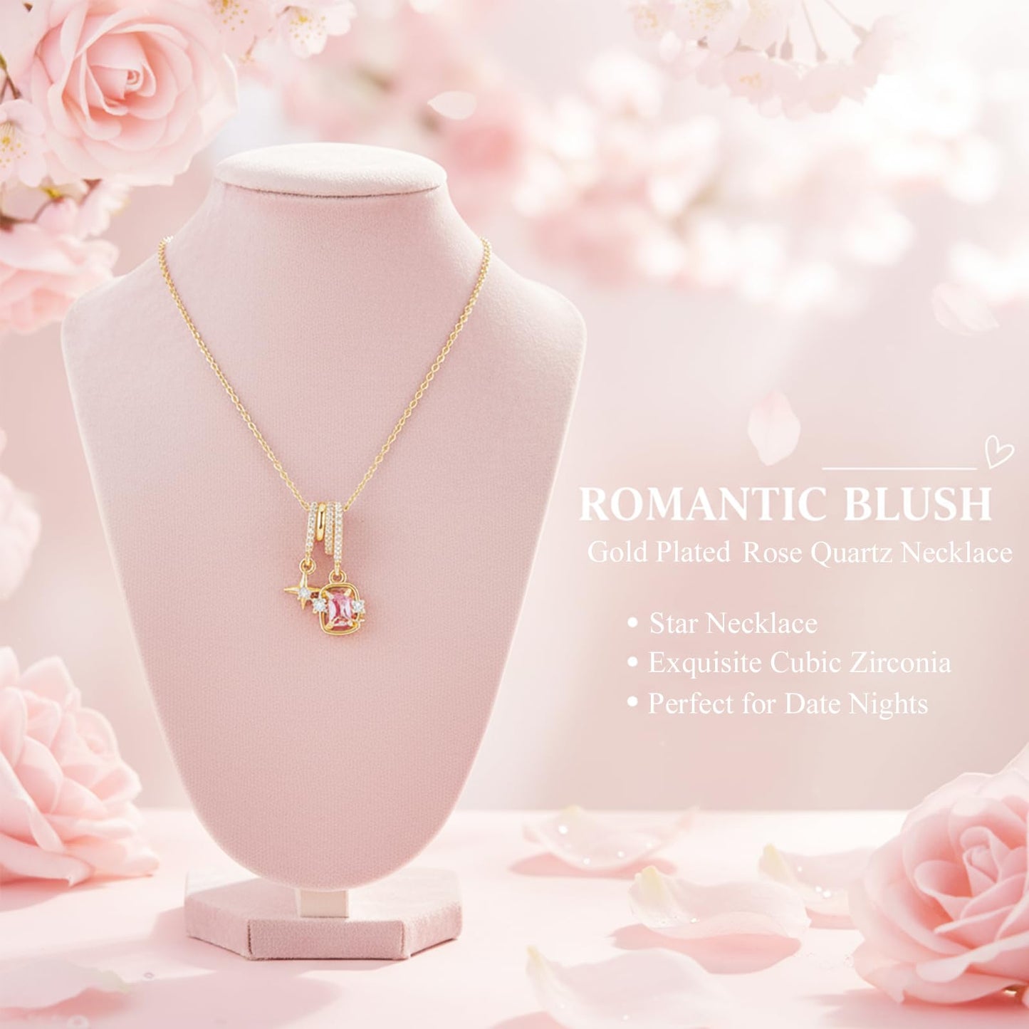 crataly Star And Rose Quartz Necklace For Women-Gold Plated Multi-Pendant October Birthstone Necklace For Valentines Day Mother's Day Christmas Birthday Gifts