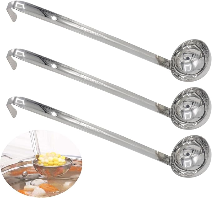 3 Pcs 2 oz Stainless Steel Soup Ladle Set, Long Handle Serving Spoons with Hooked Handles, Kitchen Cooking Utensils for Sauce Gravy Stew
