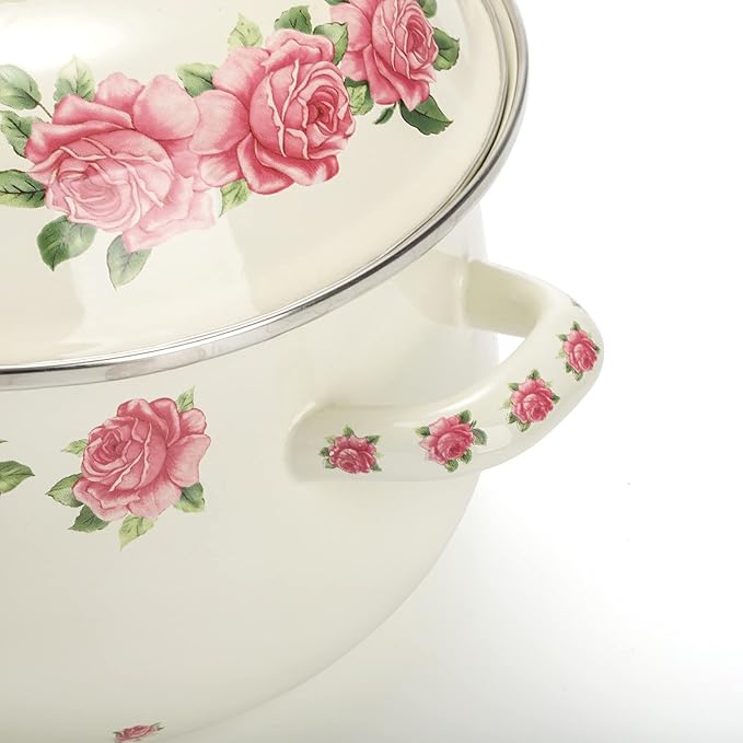 SOUJOY Enamel Stockpot with Lid, 2.8 Quart Retro Cooking Pot, Vintage Floral Stew Bean Simmer Pot with Handle, Kitchen Soup Pot, Safe for Induction Cookers, Gas Stove