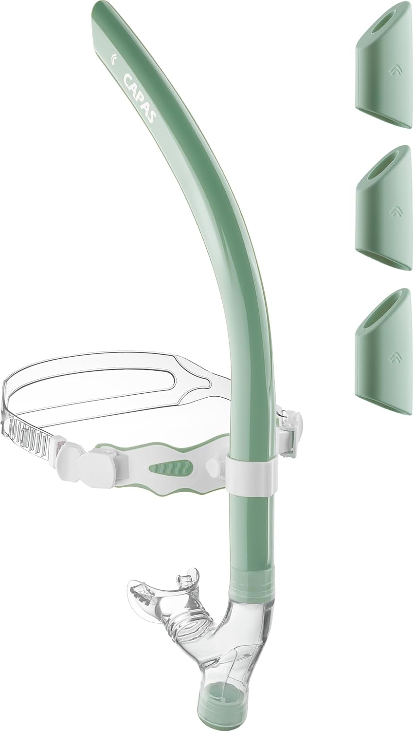 CAPAS Training Swim Snorkel for Lap Swimming, Swivel Headband Ultimate Fit Center-Mount Swimmers Snorkel with Liquid Silicone Mouthpiece Adjustable Strap, Designed for Adult Men Women