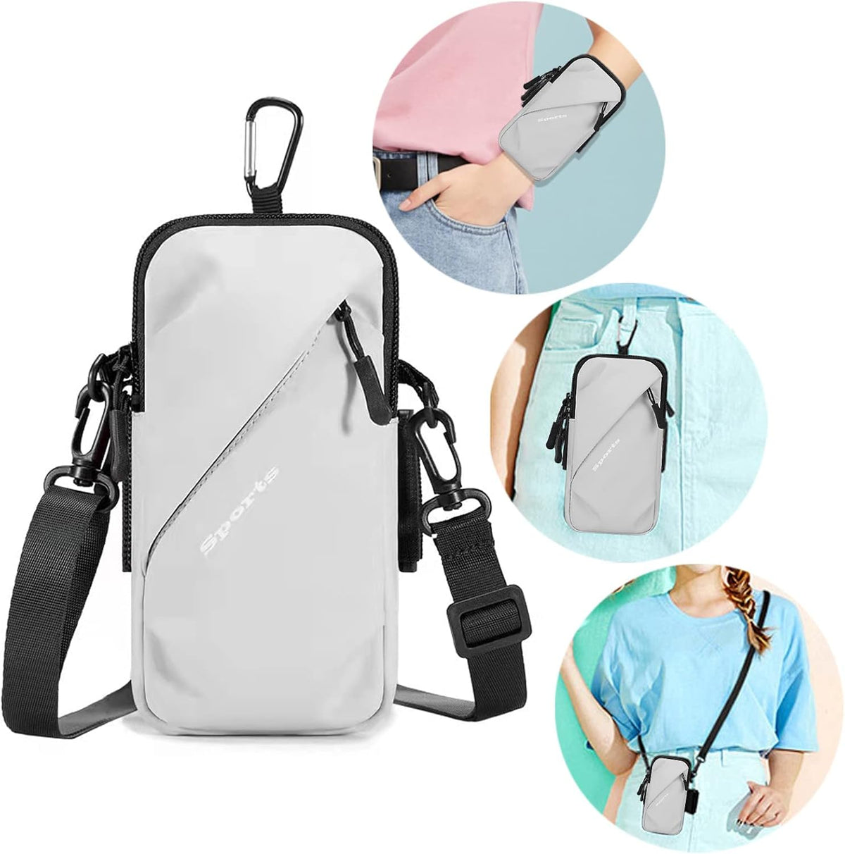 Phone Holder, Small Crossbody Shoulder Holsters Bag with Arm Band, Fits iPhone and Android, Use for Running, Walking, Hiking & Biking (6.7 Inches, Grayish White)