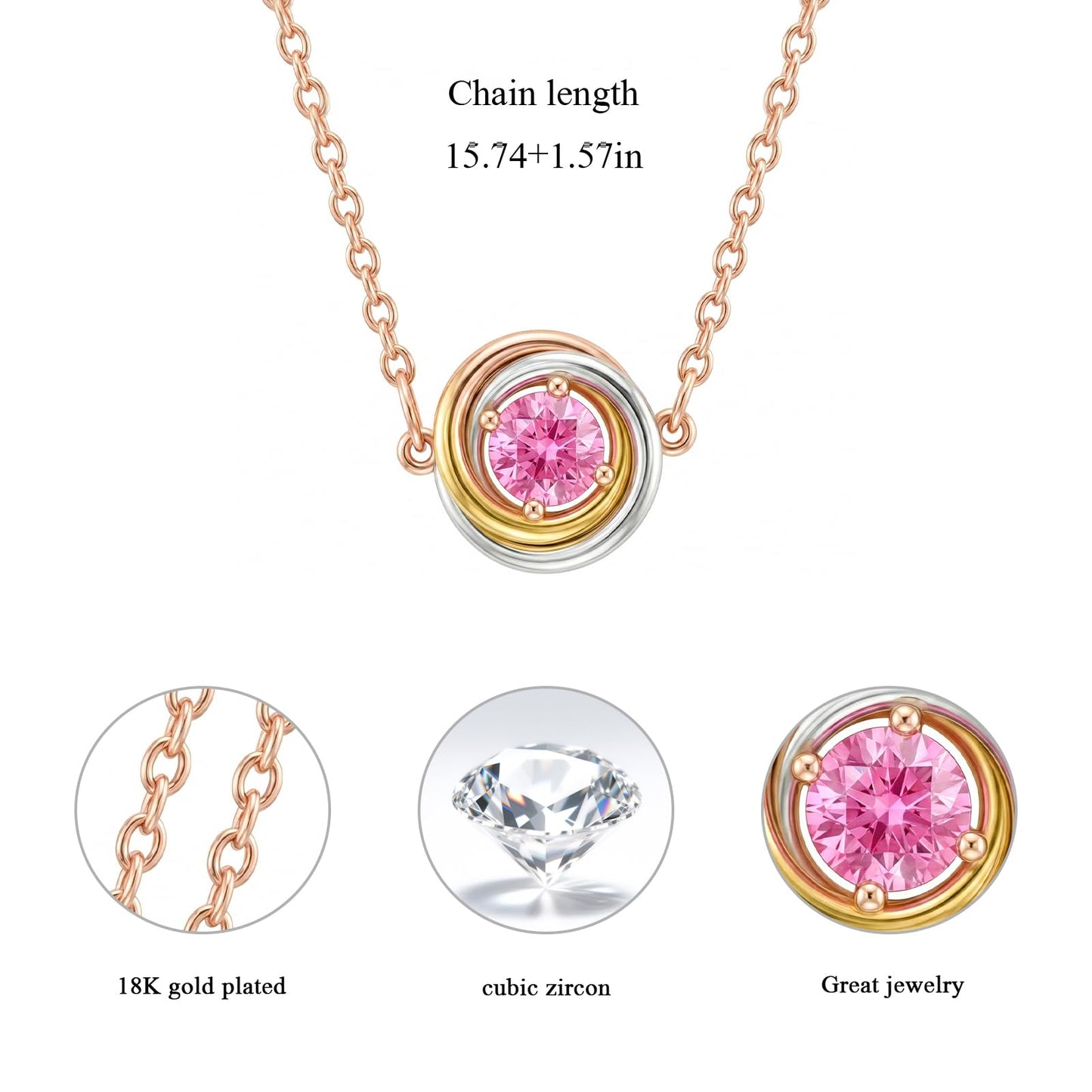 Tessalyn Round Birthstone Necklace, 18K Gold Plated Zircon Necklace Elegant Tri-Color Jewelry Valentines Day Gifts for Her