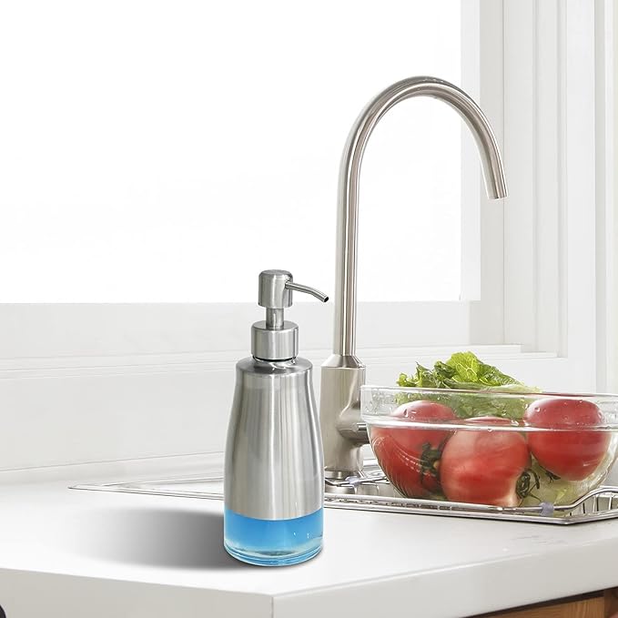 AUMIO 2 Pack Soap Dispenser Stainless Steel Case Glass Liner Hand Pump Dispenser, Refillable Liquid Hand Soap Dispenser for Bathroom & Kitchen - Brushed Nickel, Silver & Black