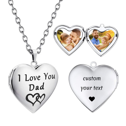 PHOCKSIN Personalized Silver Heart Locket Necklace for Dad with Picture Inside Stainless Steel Custom Photo Text Engraved Lockets Customized Gifts for Fathers Day