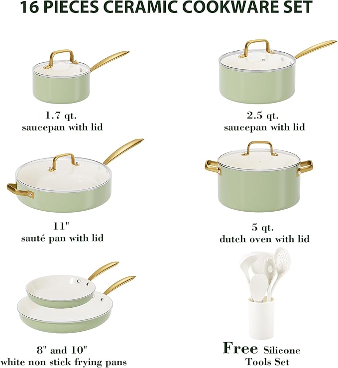 Pots and Pans Set Non Stick - VONIKI Ceramic Cookware Set with Cooking Utensils Set, Non Toxic Kitchen Cookware Sets Dutch Oven Pot with Lid Saucepan Set Sauté Pan Frying Pan Set for Cooking Gifts