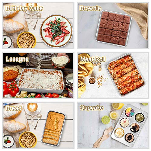 TeamFar Stainless Steel Bakeware Set of 8, Baking Roasting Toaster Oven Pans, Lasagna/Square/Round Cake Pan, Loaf Pan & Muffin Pan, Non-Toxic & Sturdy, Smooth & Dishwasher Safe