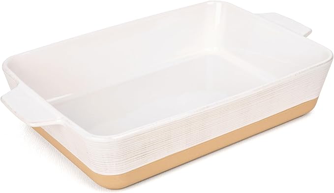 Dafuceramic Casserole Dish for Oven, 4.2 QT Baking Dish, 9x13 Large Porcelain Baking Pan, Durable Rectangular Lasagna Pan Deep with Handles, Microwave Oven Safe, Home Decor, Wedding Gift (Khaki & White)
