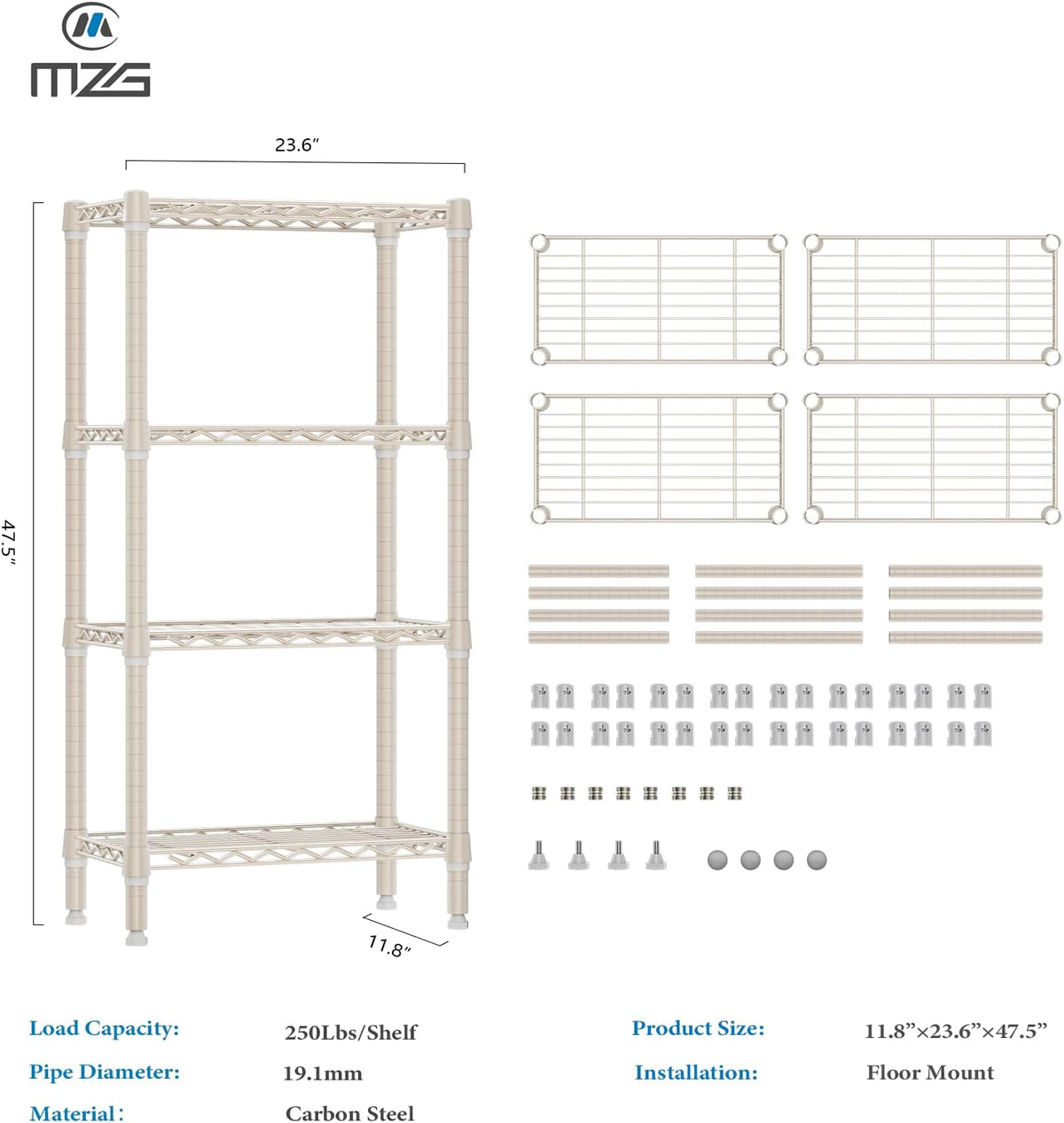 1000 lbs 4-Shelf Standing Storage Shelves Heavy Duty Metal Shelving Unit Adjustable Wire Rack for Office Garage Kitchen, Light Tan 11.8 D x 23.6" W x 47.5" H
