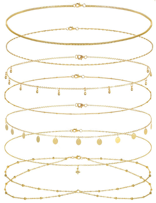 Tornito 8Pcs Waist Chain 18K Gold Plated Belly Chain Sexy Bikini Summer Beach Layered Satellite Beads Coin Sequin Octagram Star Box Chain Body Jewelry Gifts for Women Gold Silver Tone Adjustable