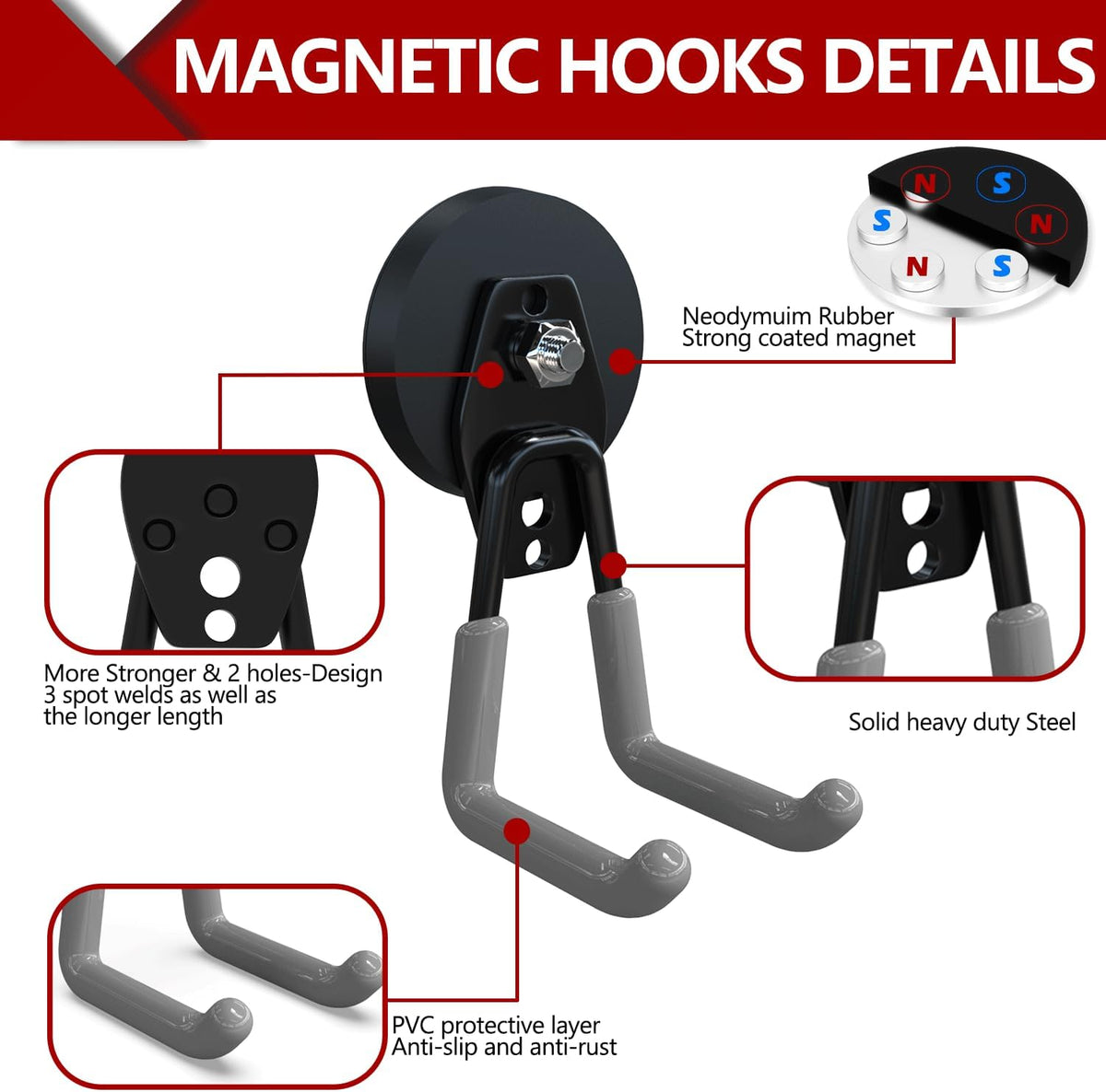 3-H Heavy Duty Magnet Garage Hooks 2 Pack, Large Strong Magnetic Hooks for Hanging Cordless Power Drill, Utility Magnetic Tool Holder for Metal Cabinet, Steel Pegboard, Toolbox, Garage(Grey)