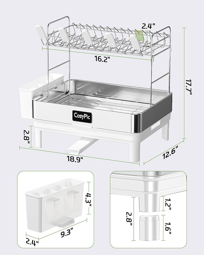 2 Tier Dish Drying Rack, Thicker Premium 304 Stainless Steel Dish Racks for Kitchen Counter, Automatic Drainage Spout, Dish Drainer & Drainboard Set with Utensil Holder and Cup Holder, White