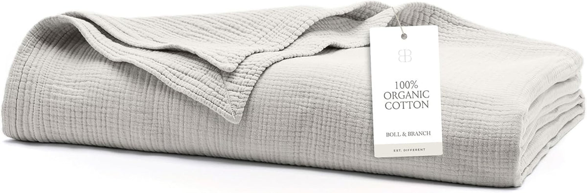 BOLL & BRANCH Dream Bed Blanket - King/Cal King, Mist - Luxury 100% Organic Cotton - Soft, Lightweight and Breathable - Cloud-Like Touch