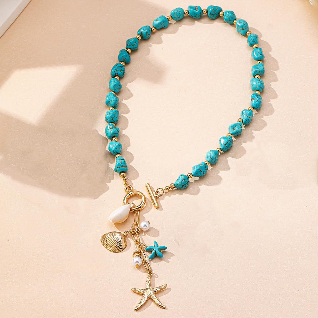 Stringex Seashell Starfish Choker Necklace for Women Boho Gold Starfish Pendant Necklaces Chunky Turquoise Beaded Long Necklace Trendy Holiday Jewelry Gifts (Teal)