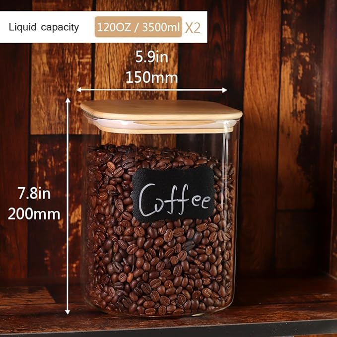 Large Glass Flour and Sugar Containers, Set of 2-120 oz Glass Food Storage Containers with Airtight Lids, Square Jars with Bamboo Lids for Rice, Pasta, Cookies, Sugar