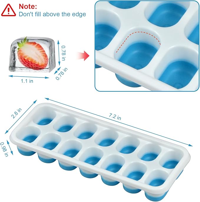 Ice Cube Tray with Lid, Easy-Release, Flexible, Ice Cube Tray, Spill-Resistant, for Freezer, Cocktail, Drinks, Coffee, 2 Pack 28 Pcs, Blue,1.1x2.8x7.2 in