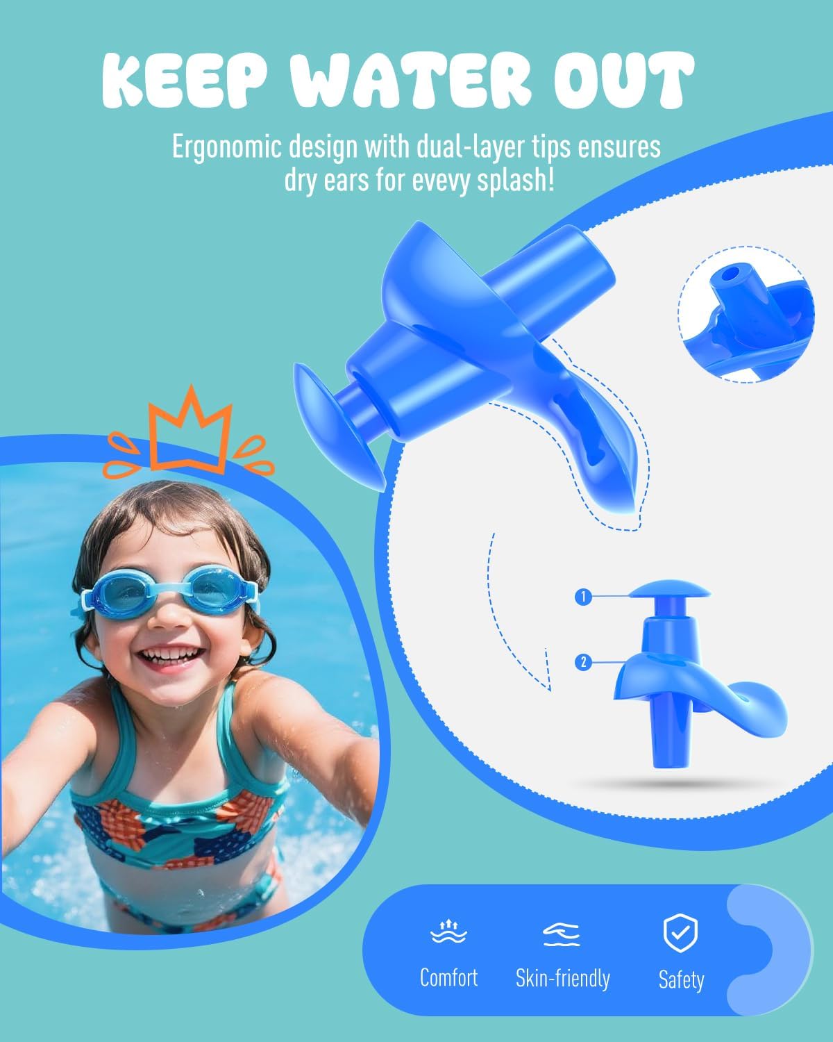 Hearprotek 3 Pairs Swimming Ear Plugs for Kids, Soft Silicone Reusable Waterproof Earplugs for Toddlers Bathing Swimming and Other Water Sports(Blue/Orange/Green)