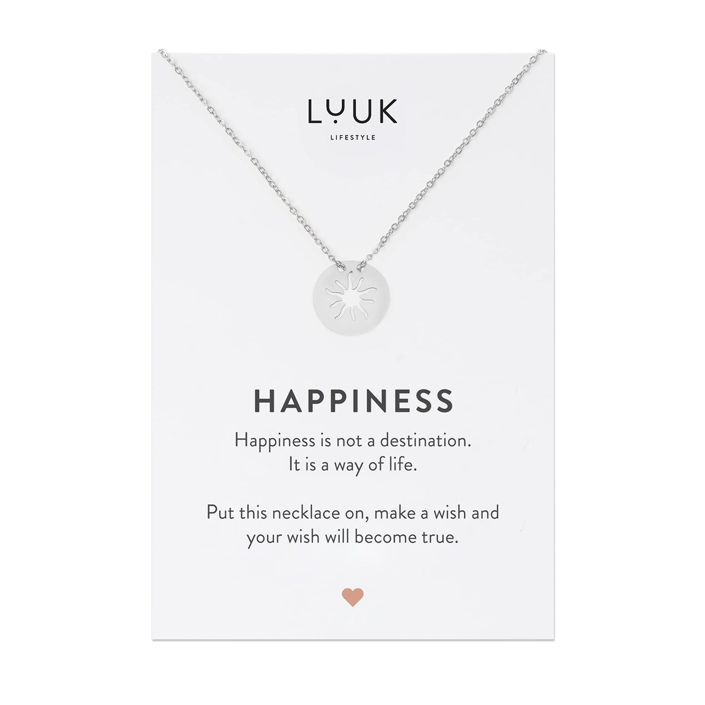 LUUK LIFESTYLE Necklace for women made of quality stainless steel with sun pendant and HAPPINESS gift card, modern and trendy jewelry for summer, Mediterranean sign of vitality, lucky charm, silver