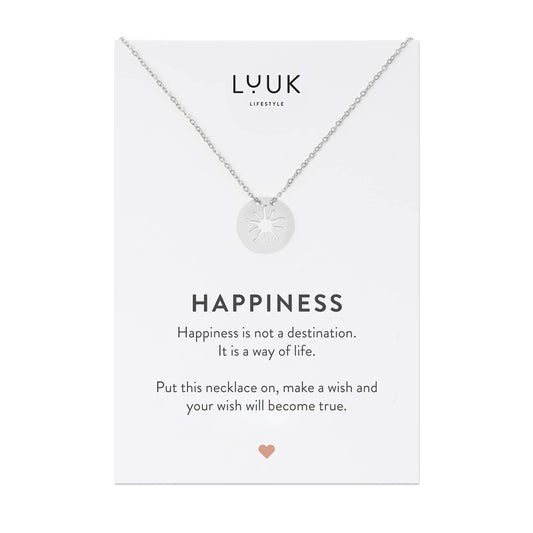 LUUK LIFESTYLE Necklace for women made of quality stainless steel with sun pendant and HAPPINESS gift card, modern and trendy jewelry for summer, Mediterranean sign of vitality, lucky charm, silver