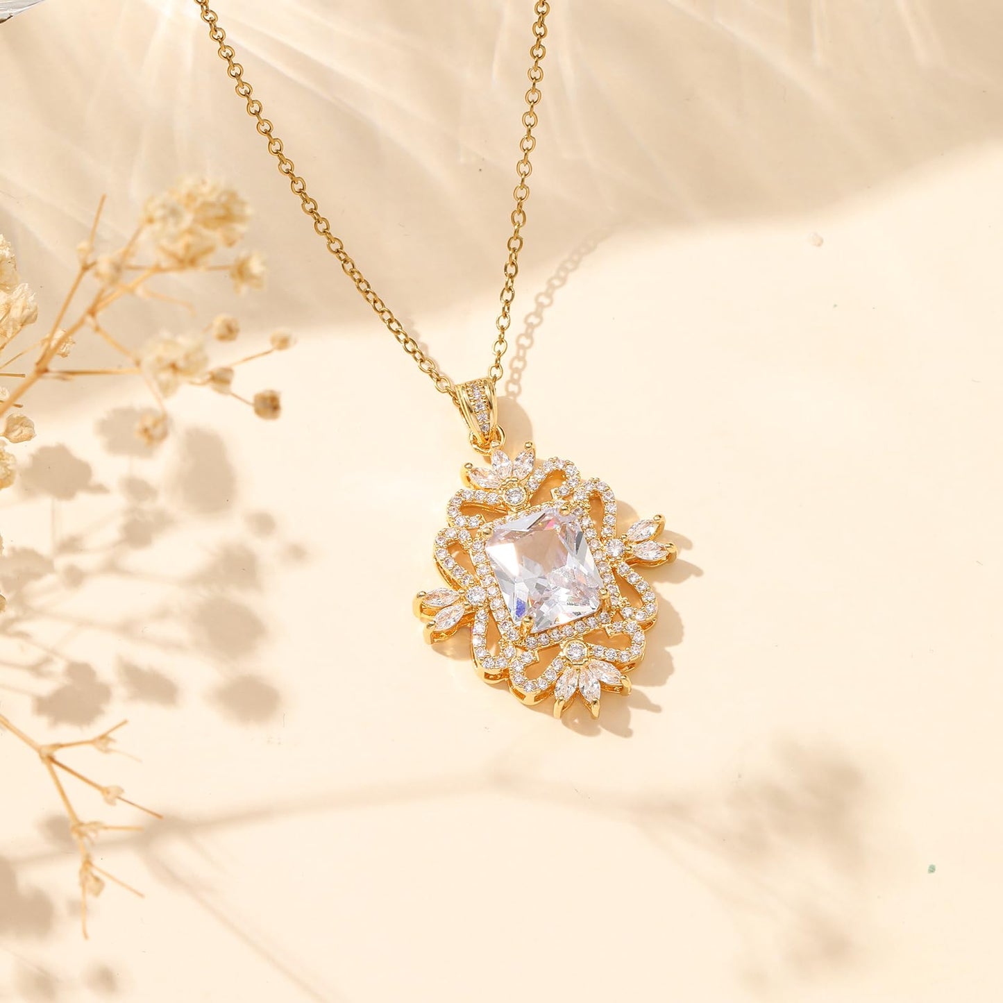 Baroque Square April Birthstone Diamond Necklaces for Women-Gold Plated Imitation Diamond Pendant Waterproof Non Tarnish Maximalist Jewelry For Birthday Valentines Day Mother's Day Christmas Thanksgiving Gifts
