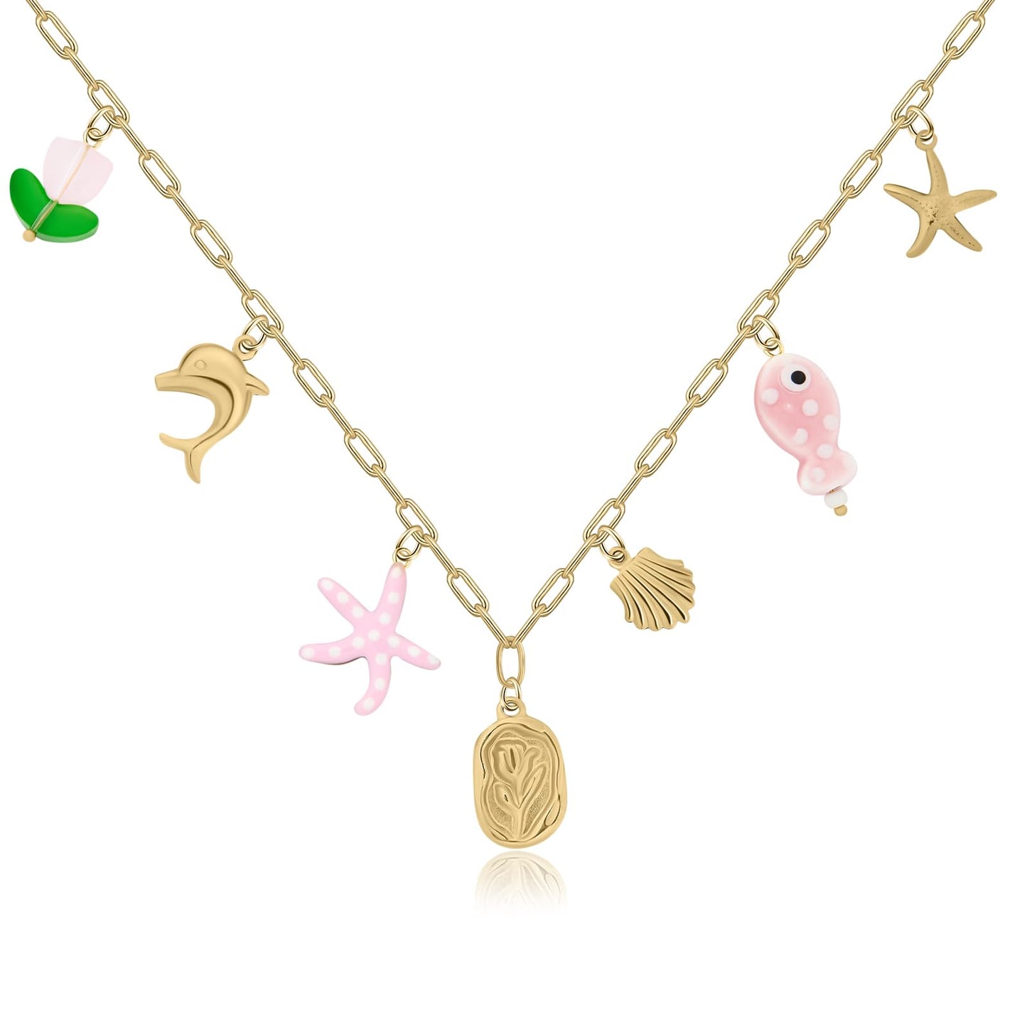Chunky Gold Necklace Statement Boho Beach Ocean Summer Stainless Steel Jewelry Shell Starfish Turquoise Dolphin Pearl Sun Flower Wave Heart Fish Charm Choker Necklaces for Women(Flower)