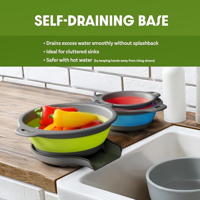 Gevoli Collapsible Colanders with Self-Draining Base for Edge of Sink, Food Strainers (Small/Med/Large), Nested Design for Easy Storage (Red, Blue, Green) (4PC Set)