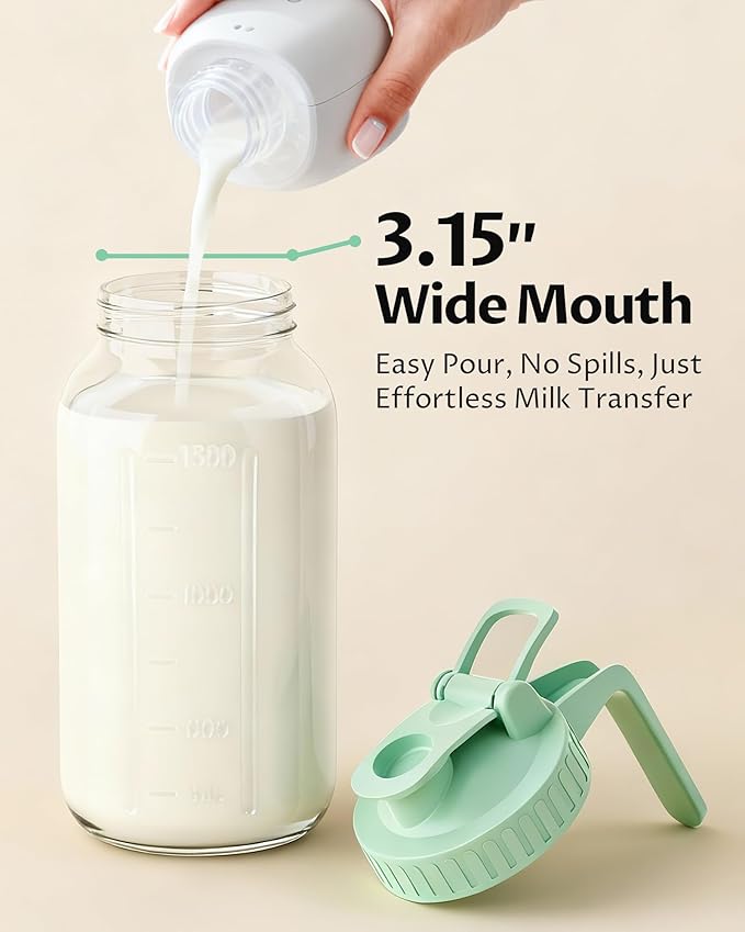 64oz Glass Breast Milk Pitcher with Lid & Pour Spout, 2 Quart Airtight Leakproof BreastMilk Fridge Storage Container - Wide Mouth, Dishwasher Safe Formula Pitcher with Handle