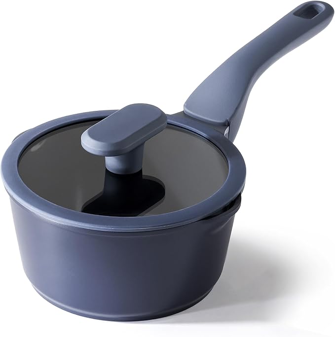 PRICUSIS Ceramic Nonstick Saucepan with Lid, 1.3 Quart Non Toxic Pot with Pour Spouts, Full Coated, 100% Dishwasher Safe, Induction Compatible & Oven Safe, PTFE PFAS & PFOA Free, Blue