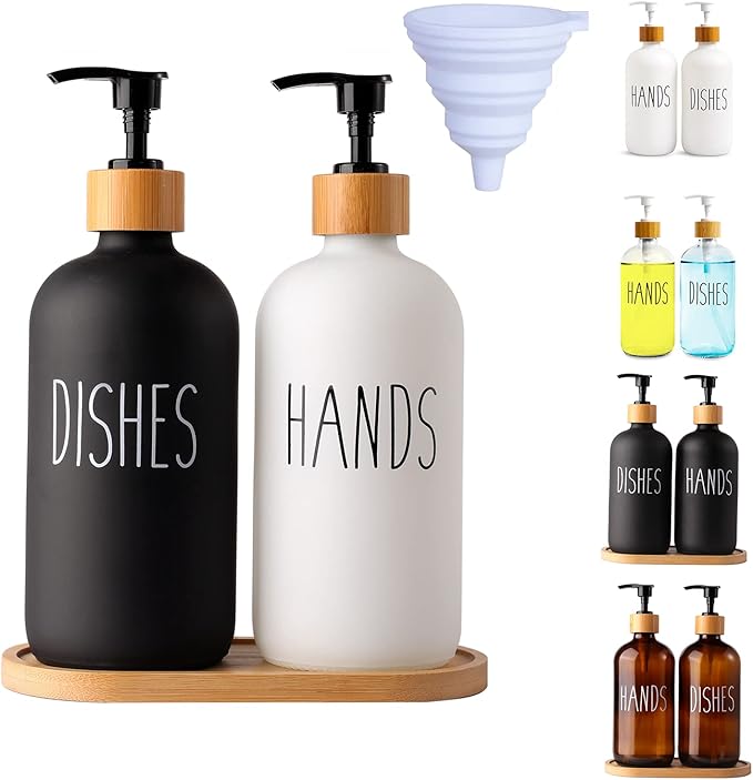 LOOCHICA 2 Pack Glass Soap Dispenser Set with Tray, Hand and Dish Glass Soap Dispensers for Kitchen Sink, Kitchen Soap Dispenser Set Suitable for Black and White Kitchen Decor