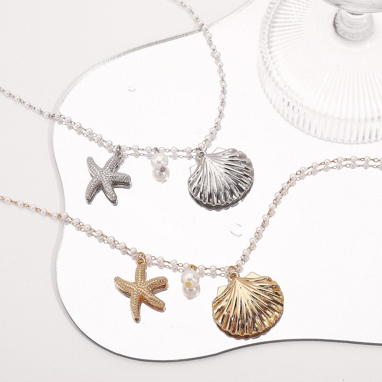 Gold Shell Necklace for Women Gold Seashell Starfish Pendant Necklace Shell Choker Pearl Beaded Chain Necklaces Summer Beach Jewelry (B Silver Style)