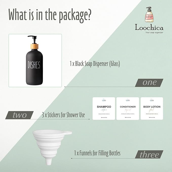 LOOCHICA Black Glass Kitchen Soap Dispenser, Detergent Dispenser or Dish Soap Dispenser for Kitchen Sink, Black Soap Dispenser, Modern Farmhouse Decor Dish Soap Pump for Kitchen Organization