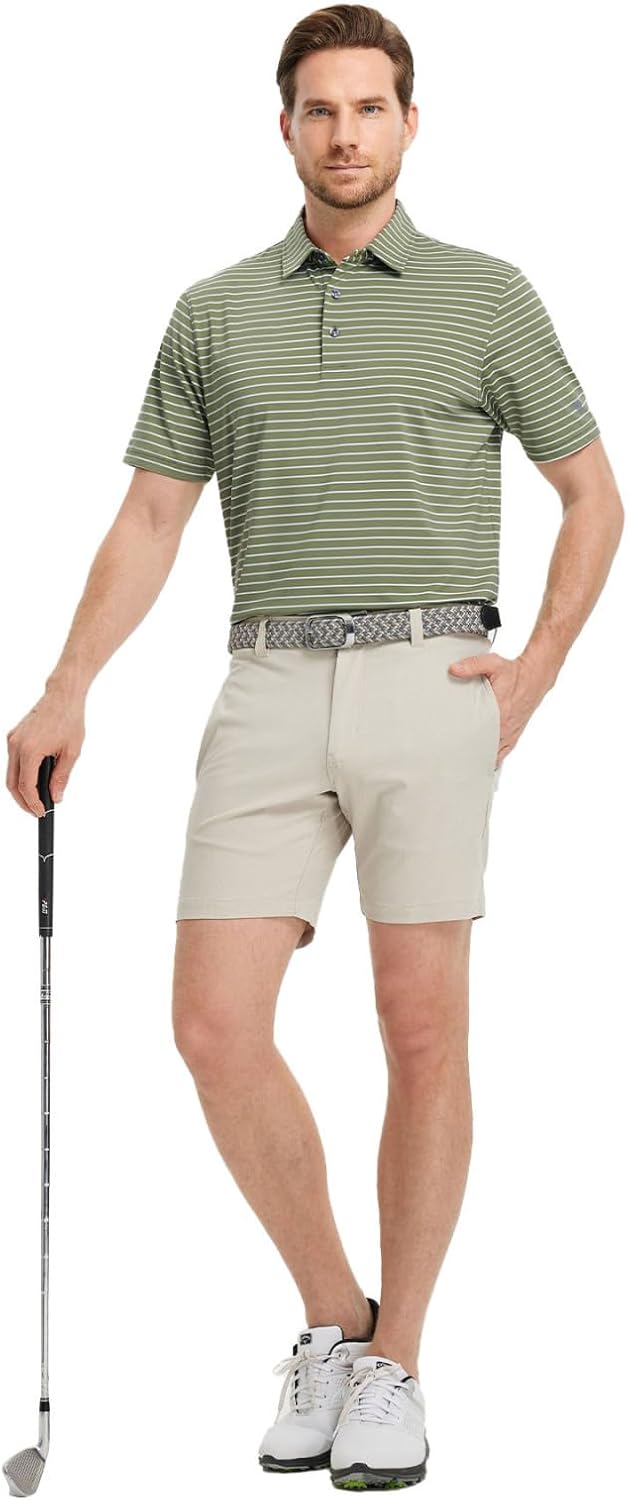 M MAELREG Golf Shirts for Men Moisture Wicking Striped Polo Performance Dry Fit Business Sports Mens Polo Shirts Short Sleeve