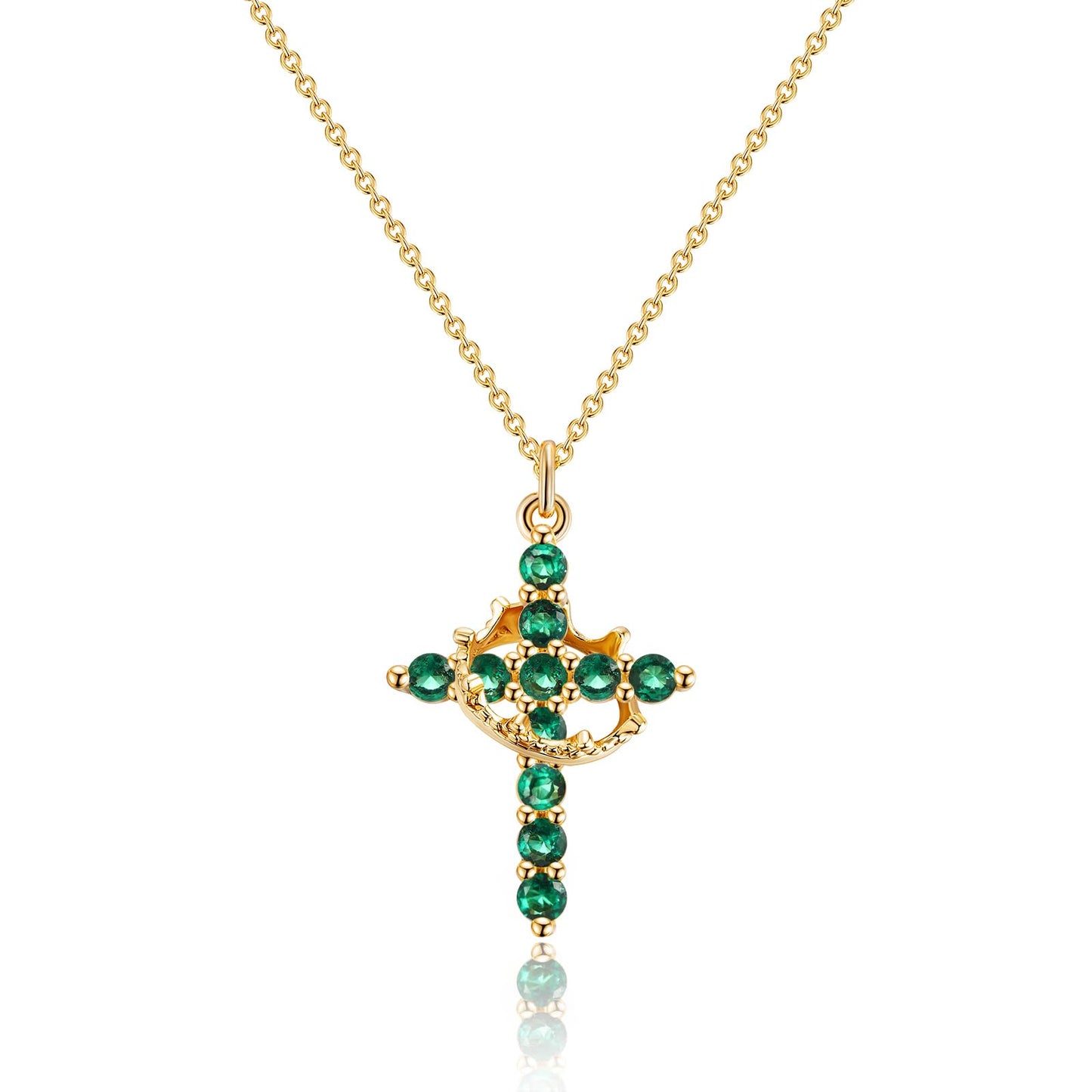 Robaice Birthstone Crown Cross Necklace for Women, Gold-Plated Christian Faith Necklace, Cross Jewelry Gift for Women, May Green Emerald Gift