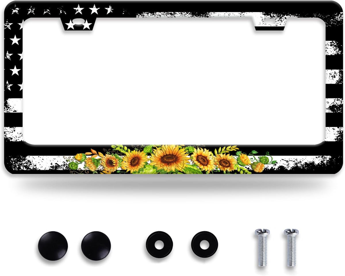 American Flag Sunflower License Plate Frame Patriotic Floral License Plate Frames for Car Decorative Parts Stainless Stee License Plate for Standard Us Canada Funny License Plate Holder 12x6 Inch