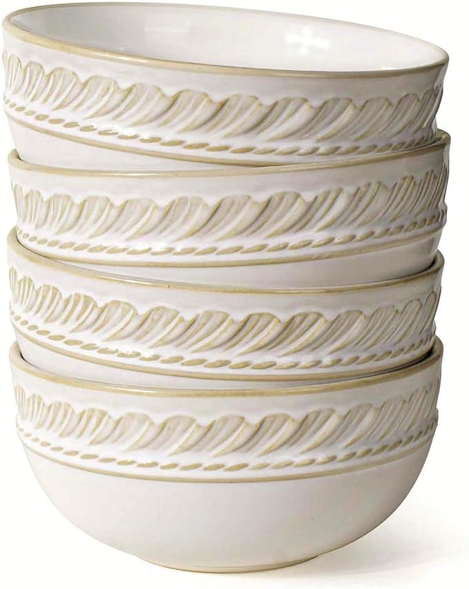 Artena Soup Bowls 32 OZ, Cereal Bowls Set of 4, White Embossment Ceramic Ramen Bowl for Salad, Dinner, Pho, Noodle, Pasta, Snacks, Dishwasher Microwave Safe, 6.3 Inch, Willow Leaf