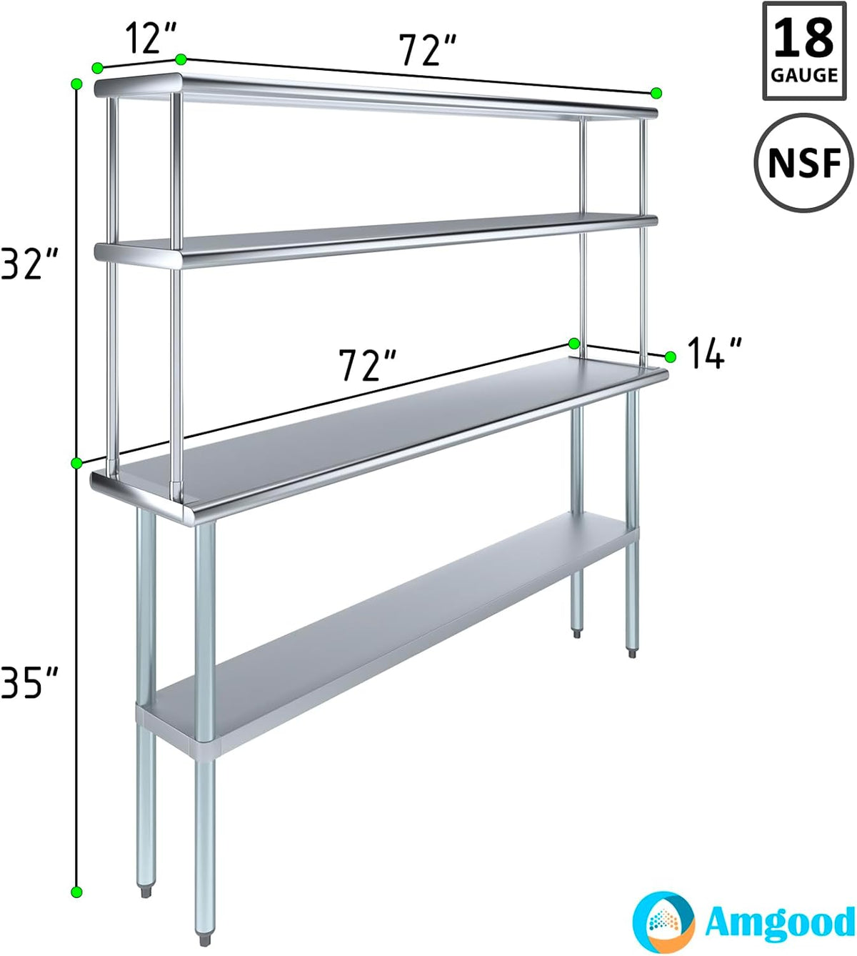 Amgood Stainless Steel Work Table Double Tier Overshelf | NSF (14" x 72" Work Table + 12" Overshelf)