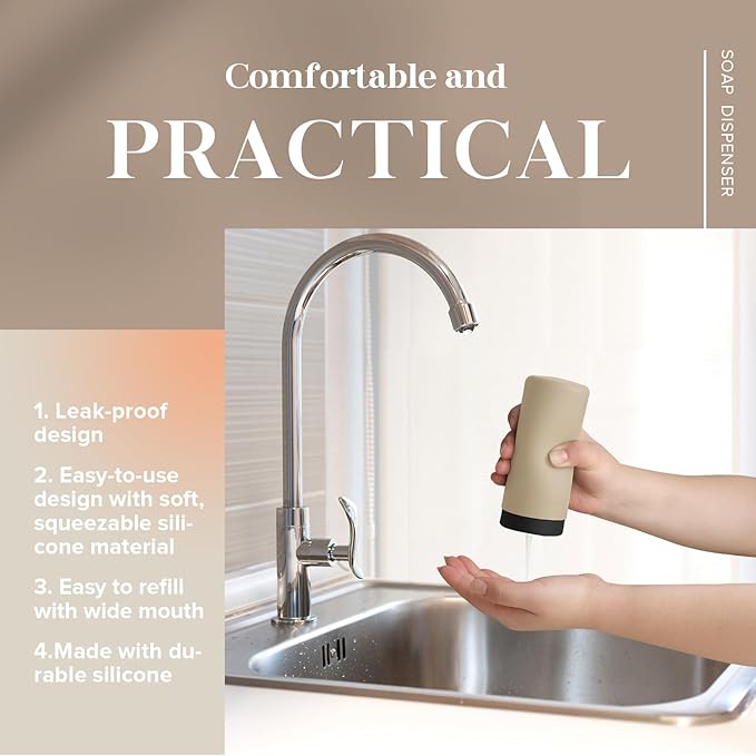 ElmRidge Dish Soap Silicone Dispenser for Kitchen Sink,Squeeze Washing Up Liquid and Hand Soap,Round refillable Silicone Bottles,Easy to Fill and to use, 8.5 oz,Black 2.4 x 2.4 x 5.5 inches (Taupe)