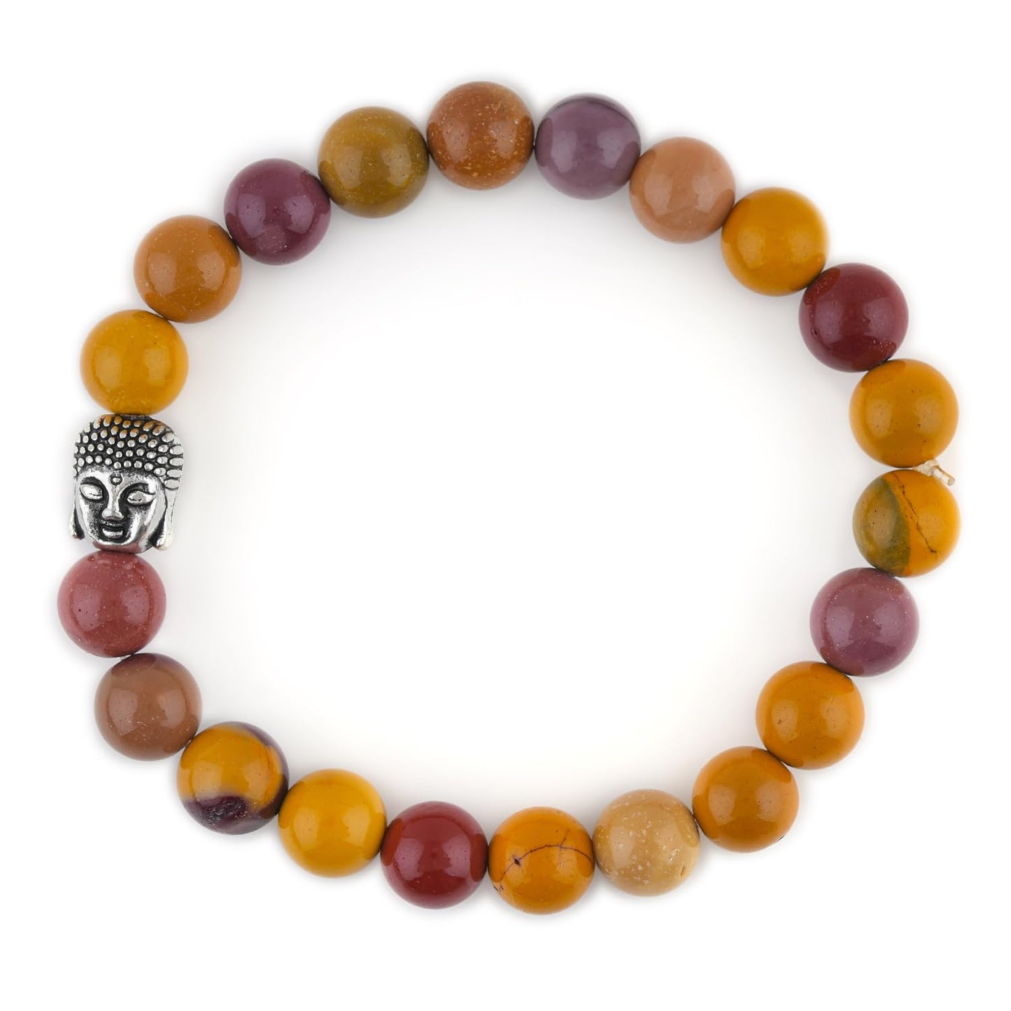 CRYSTALINES Buddha Charm Stretchable Braceclet, Natural Mookaite Gemstone Beads, Plain Round Stones, Handmade Boho Strech Bracelet, Adjustable Spiritual Healing Crystal Unisex Jewelry Gift