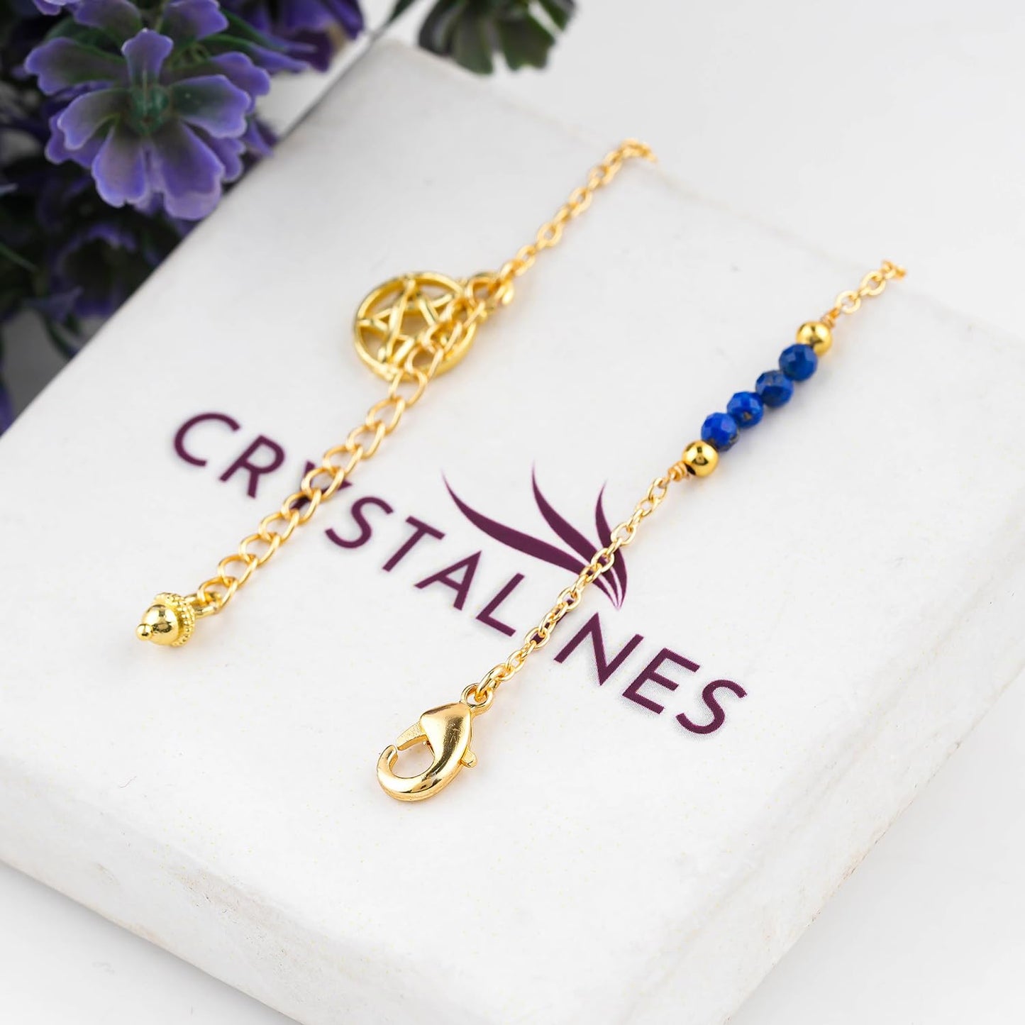 CRYSTALINES Natural Lapis Lazuli Gemstone Beads, Handmade Station Dangle Star Charms Anklet, 14K Gold Plated, Adjustable Fashion Boho Jewelry for Women, Healing Crystals, Christmas Gift